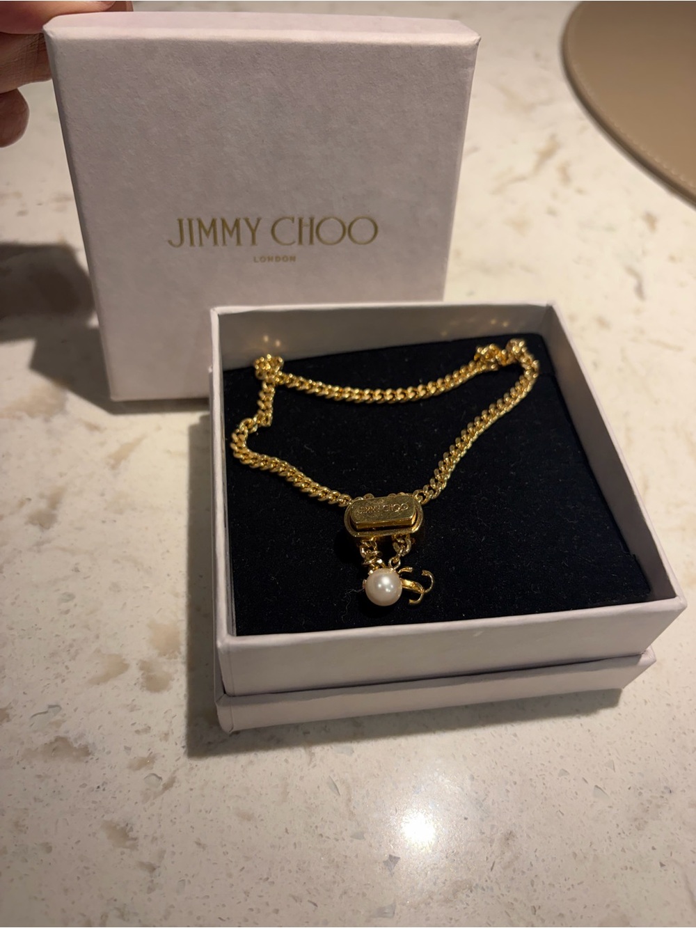 Jimmy Choo Gold-tone Chain Necklace with Pearl Drop and Logo Tag